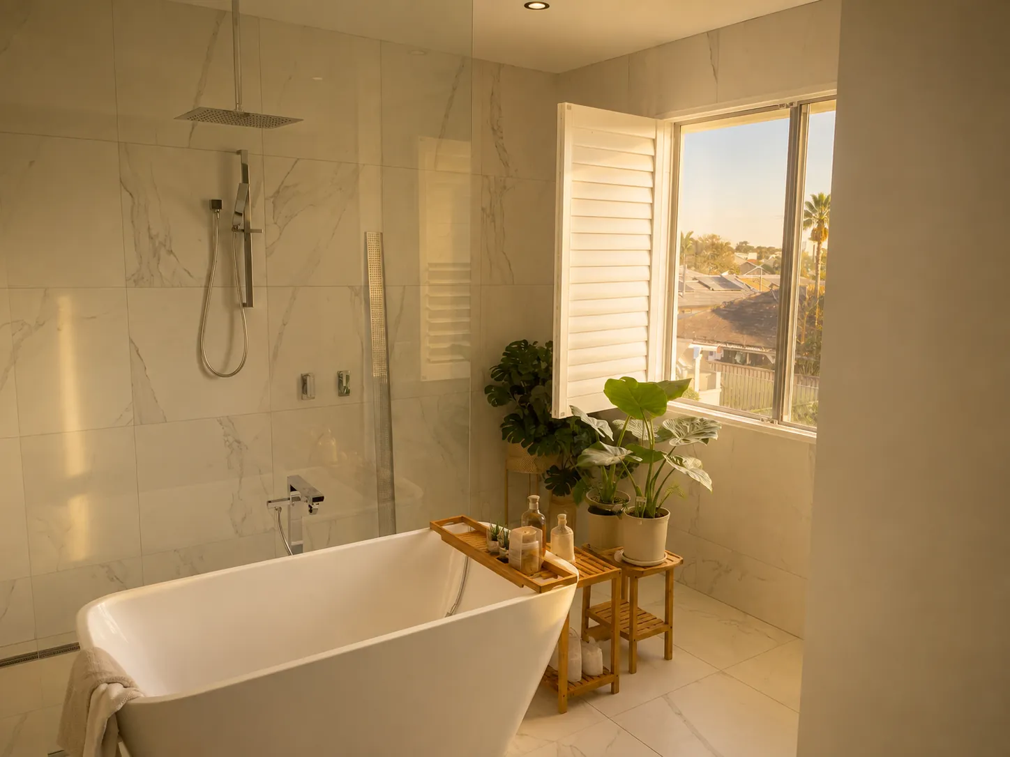 Marble-tiled bathroom with freestanding tub, rain shower and shuttered window