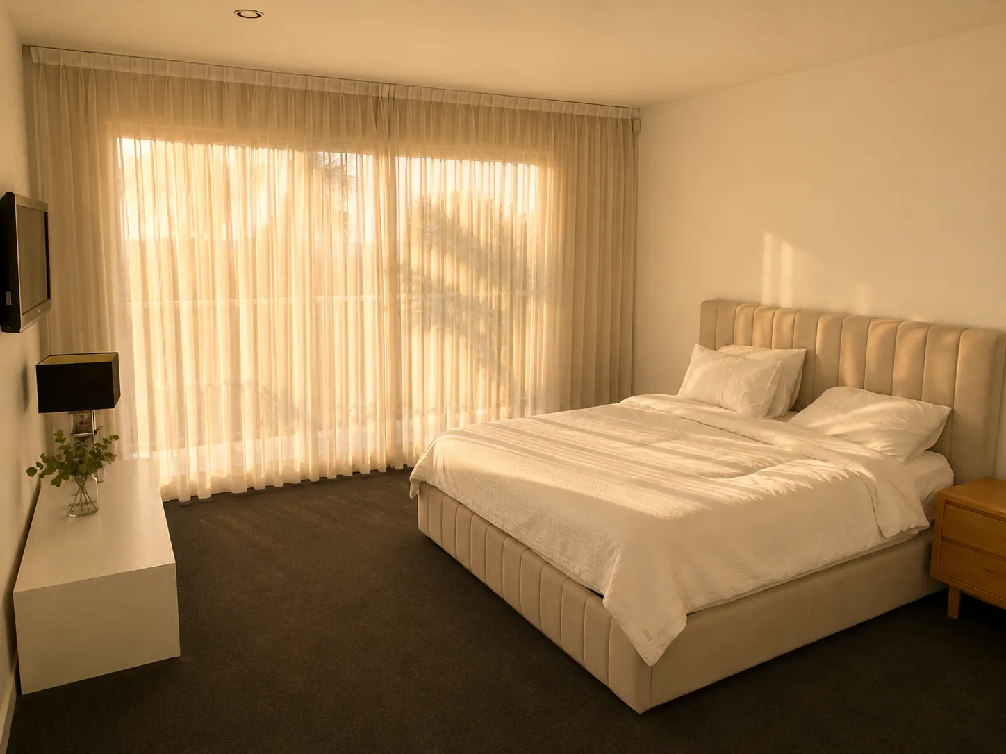 Bedroom with upholstered bedhead and sheer curtains filtering afternoon light
