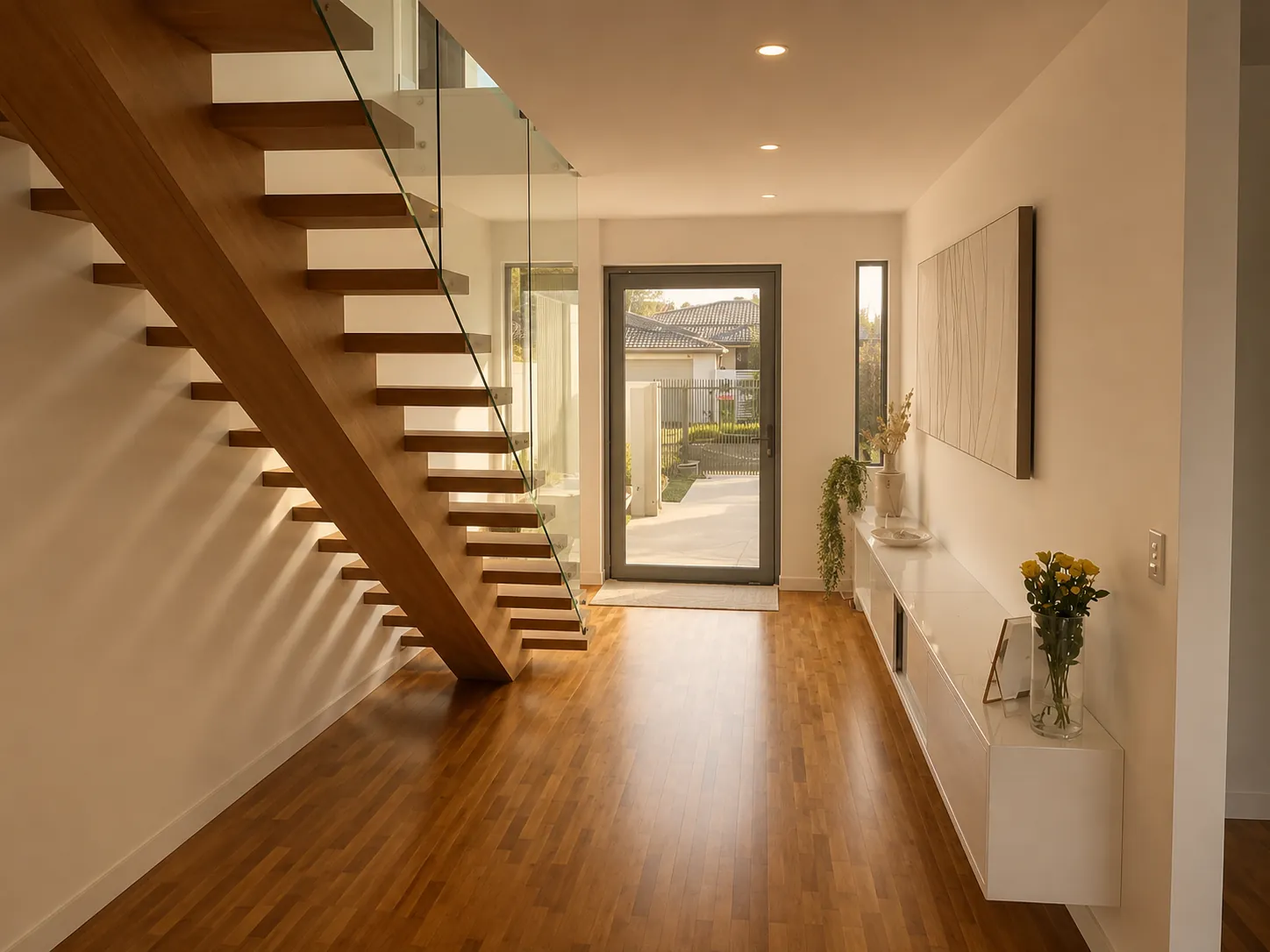 Entry hall with floating timber staircase, glass balustrade and timber flooring