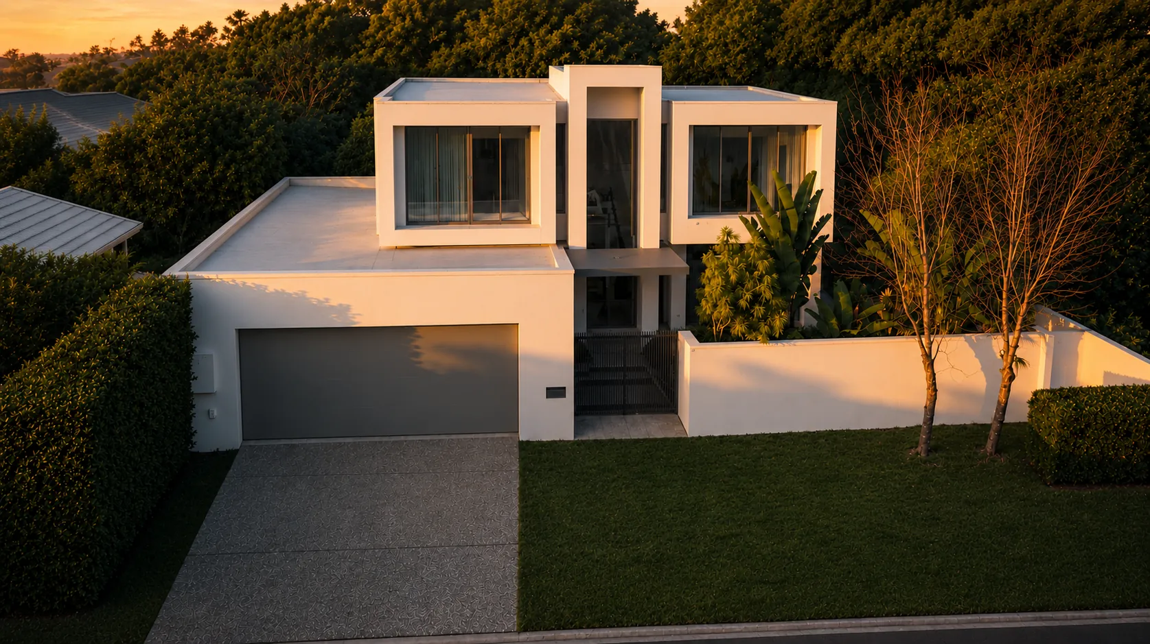 Golden-hour aerial view of a modern white two-storey residence with flat rooflines, grey garage door, landscaped lawn and surrounding trees