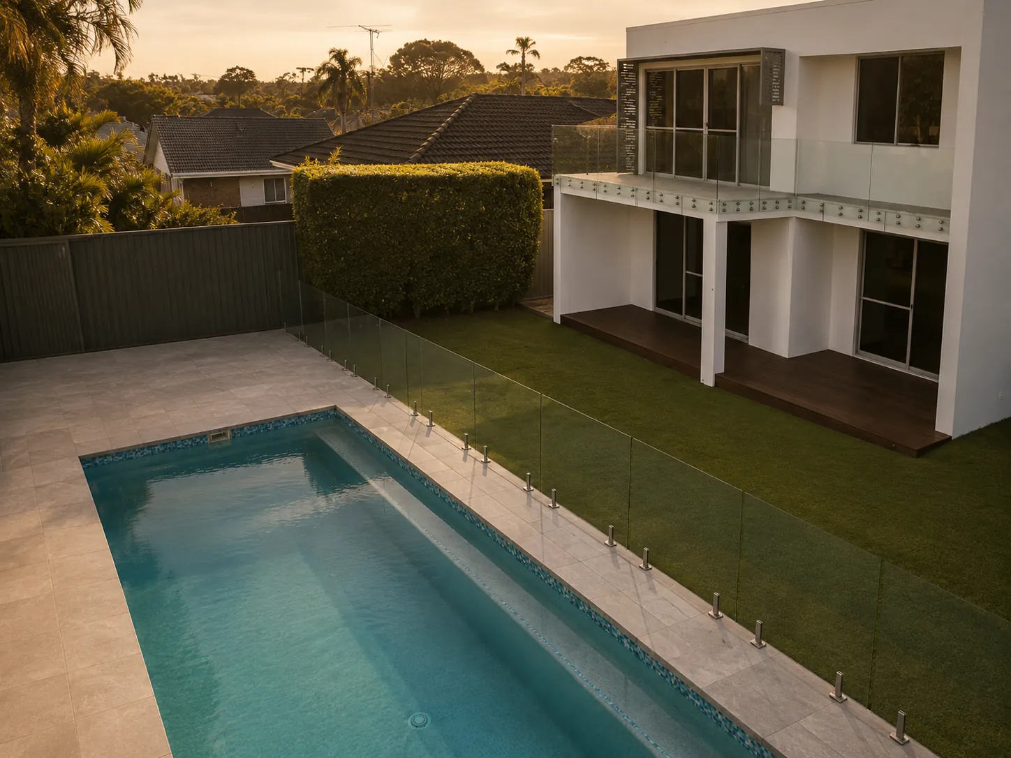 Resort-style pool with stone coping and glass fencing at sunset