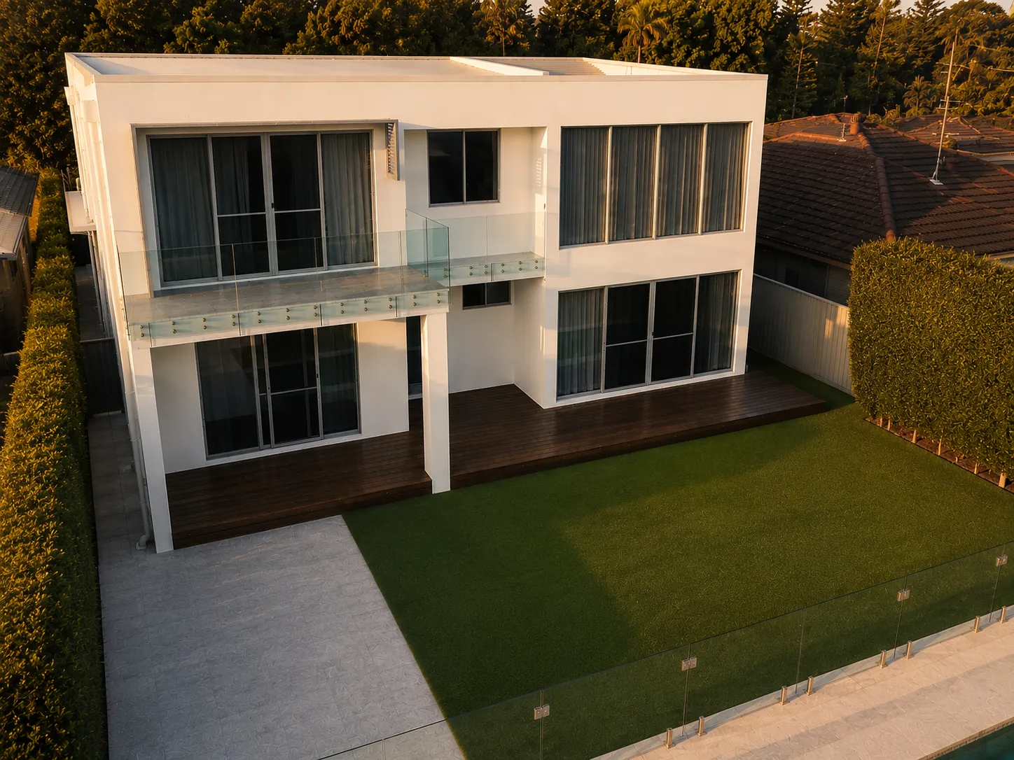 Rear elevation with glass balustrade balcony, timber deck and manicured lawn