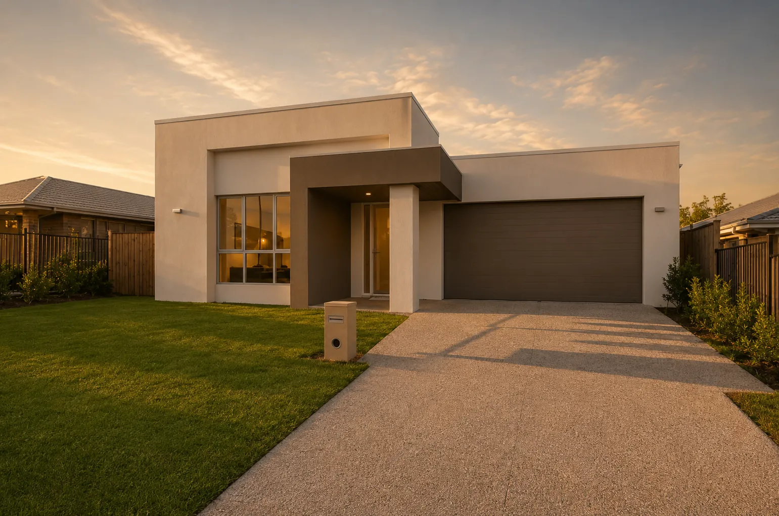 Modern white single-storey residence with dark feature portico and garage door, captured at golden hour