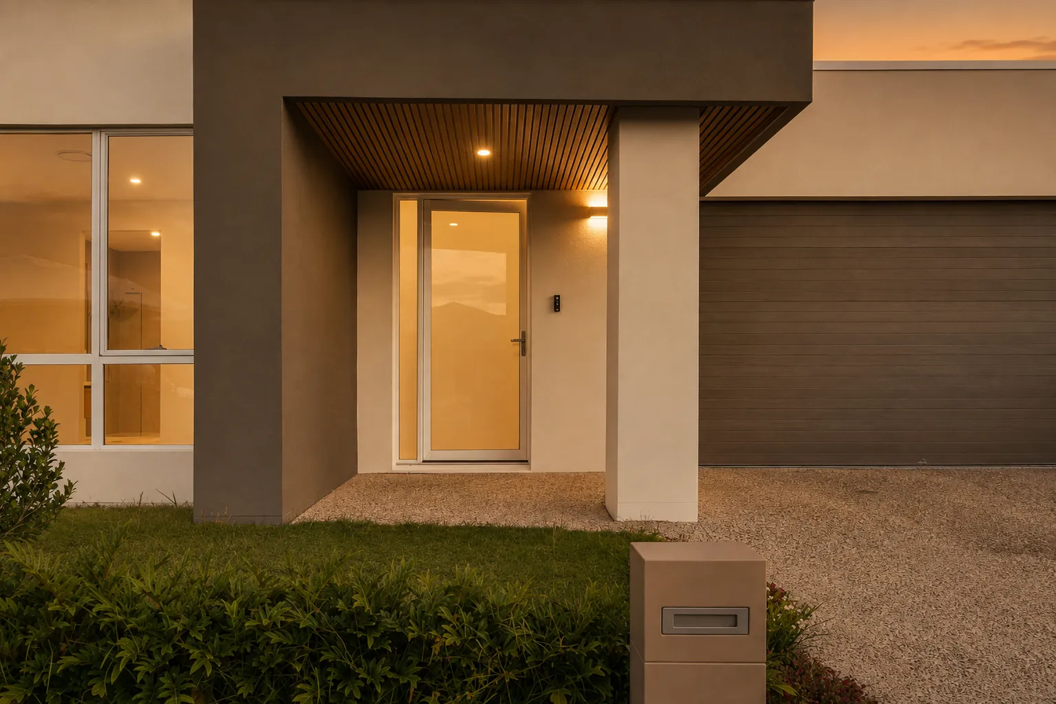 Sunset entry of a contemporary single-storey home with timber-lined porch and warm interior glow