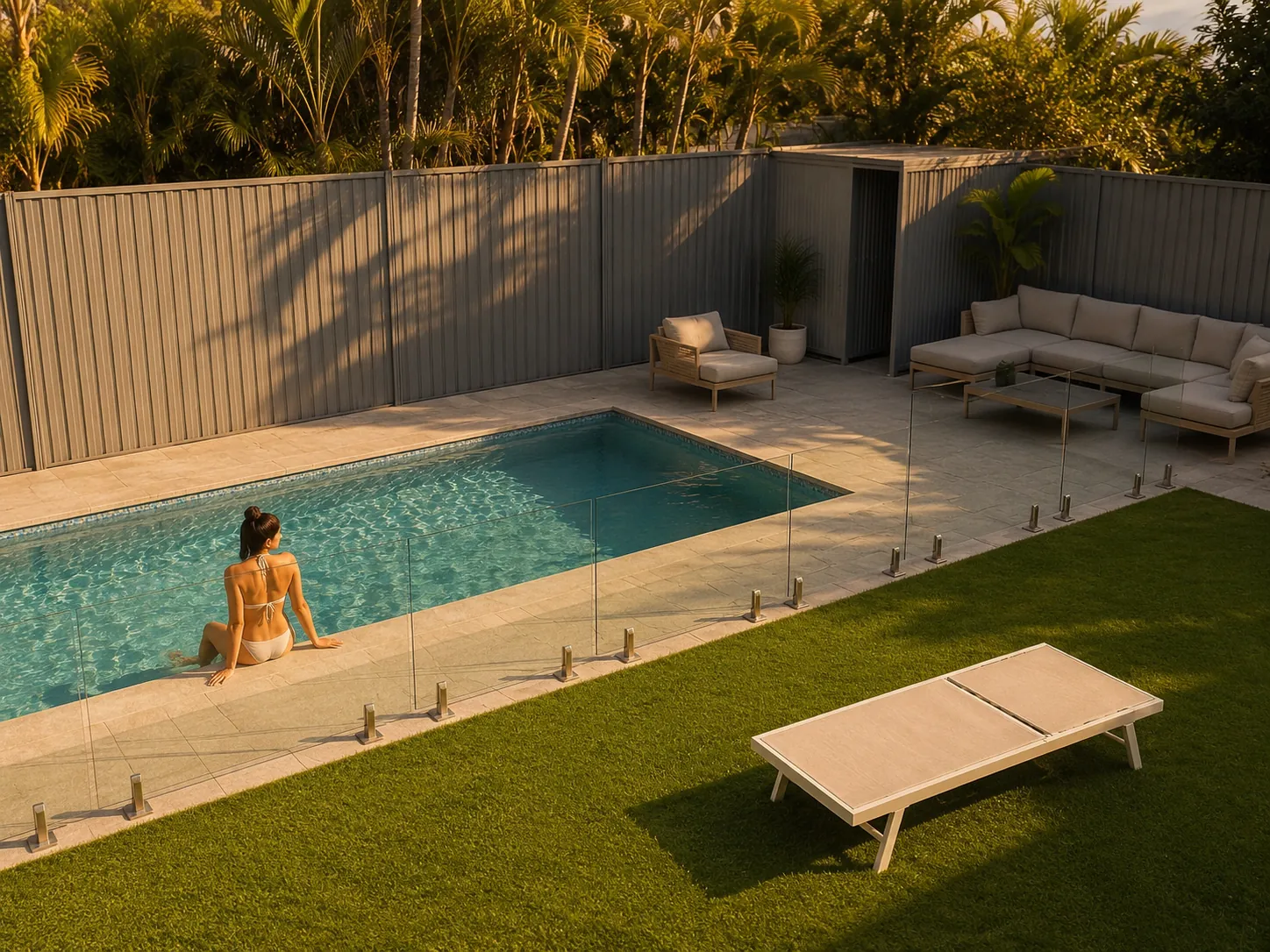Sunlit poolside courtyard with frameless glass fencing, timber outdoor furniture and landscaped lawn at an AGIC Projects residence