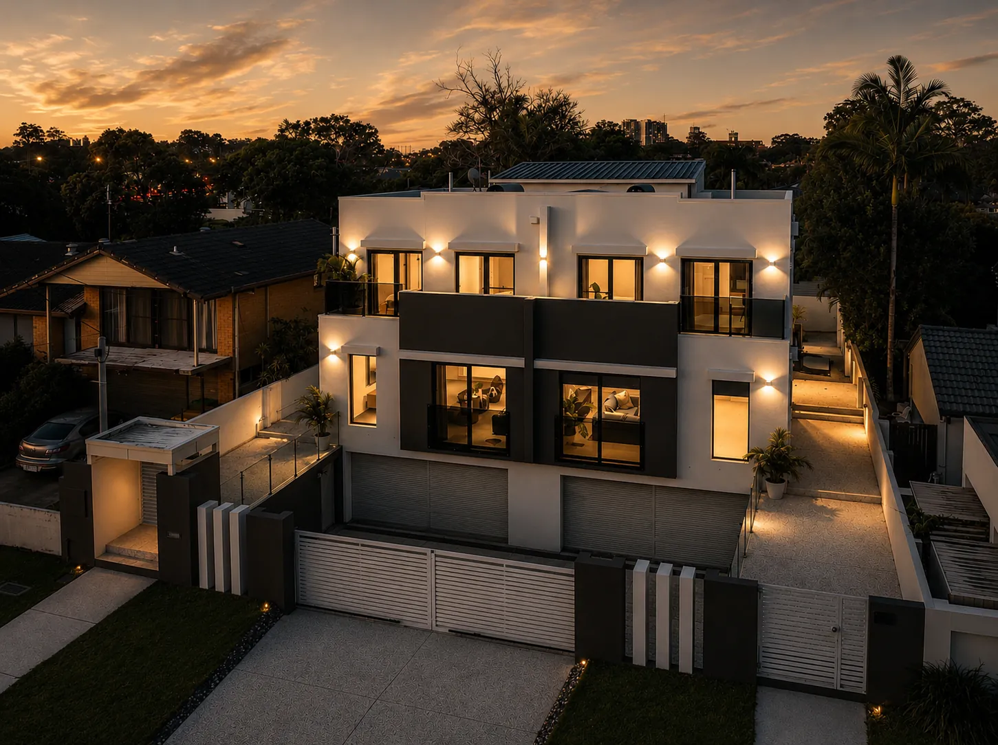 Twilight aerial view of a modern white and charcoal duplex with warm interior lighting and city skyline